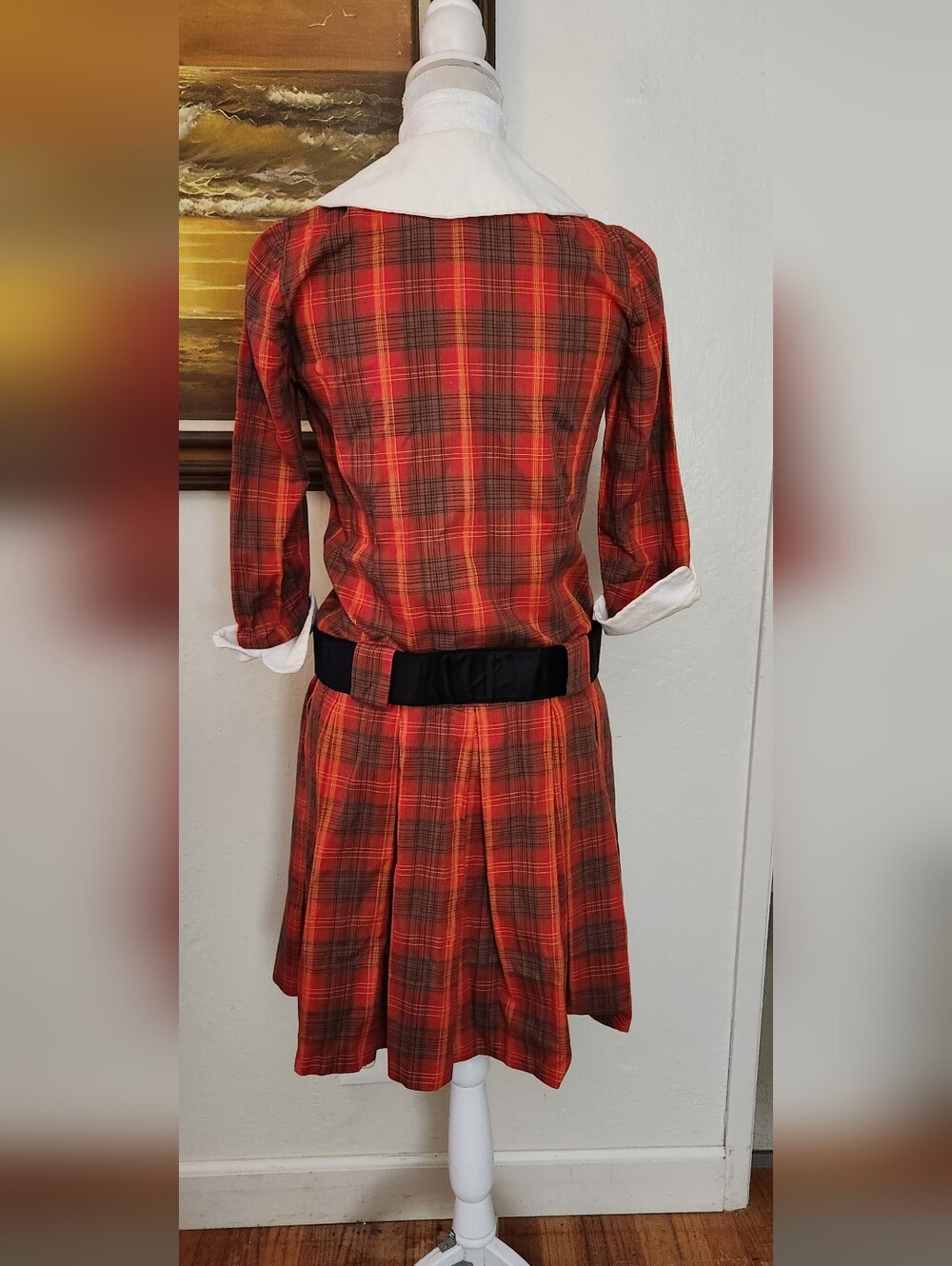 Vintage 1960s Red Plaid Drop Waist Button Front Belted Pleated Dress - Picture 3 of 15